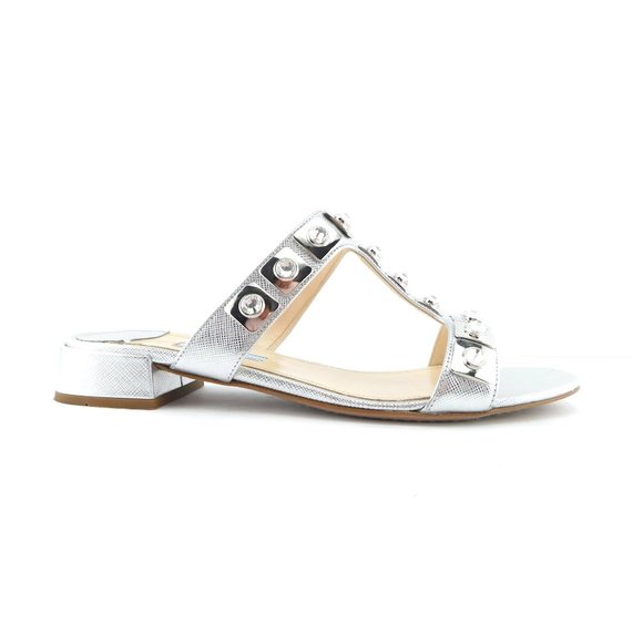 PRADA Crystal Embellished Silver Saffiano T-Strap Block Heel Slide Sandals 37.5 - Picture 3 of 10